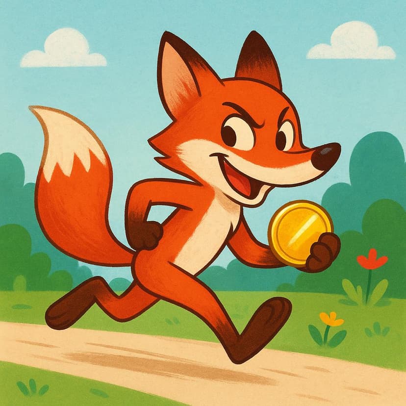A mischievous fox character, depicted in a storybook style, is running quickly to the right while tightly clutching a shiny gold coin in its paw. The background is blurred to emphasize motion.