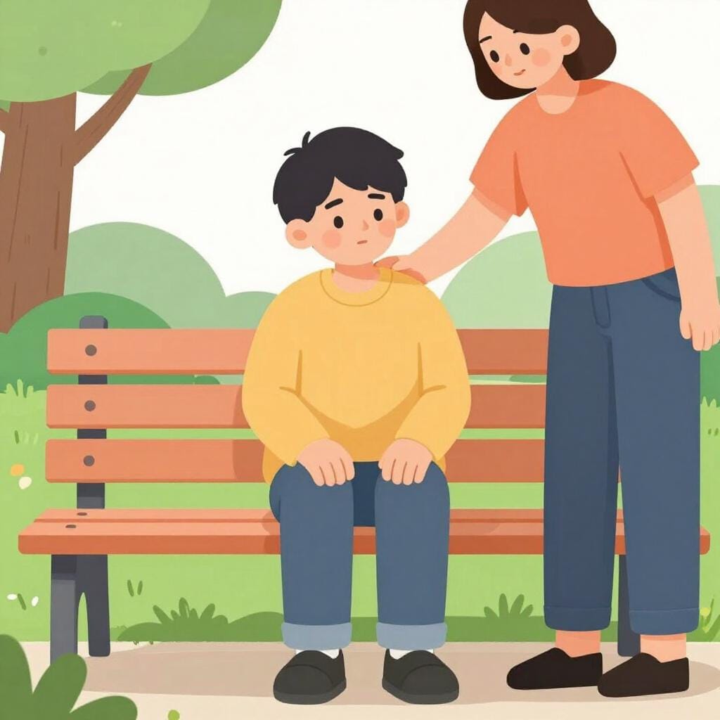 A kind person placing a comforting hand on the shoulder of a sad friend sitting on a bench.