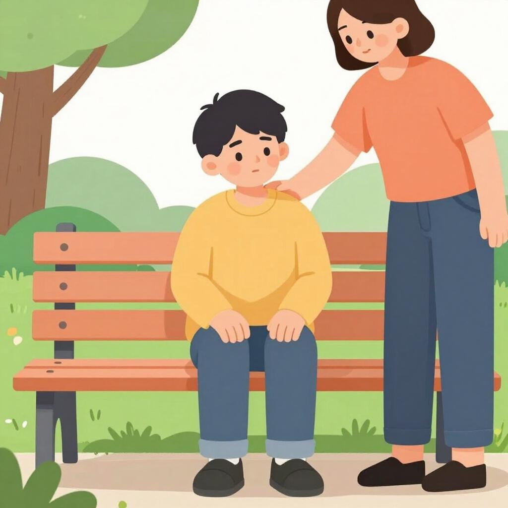 A kind person placing a comforting hand on the shoulder of a sad friend sitting on a bench.