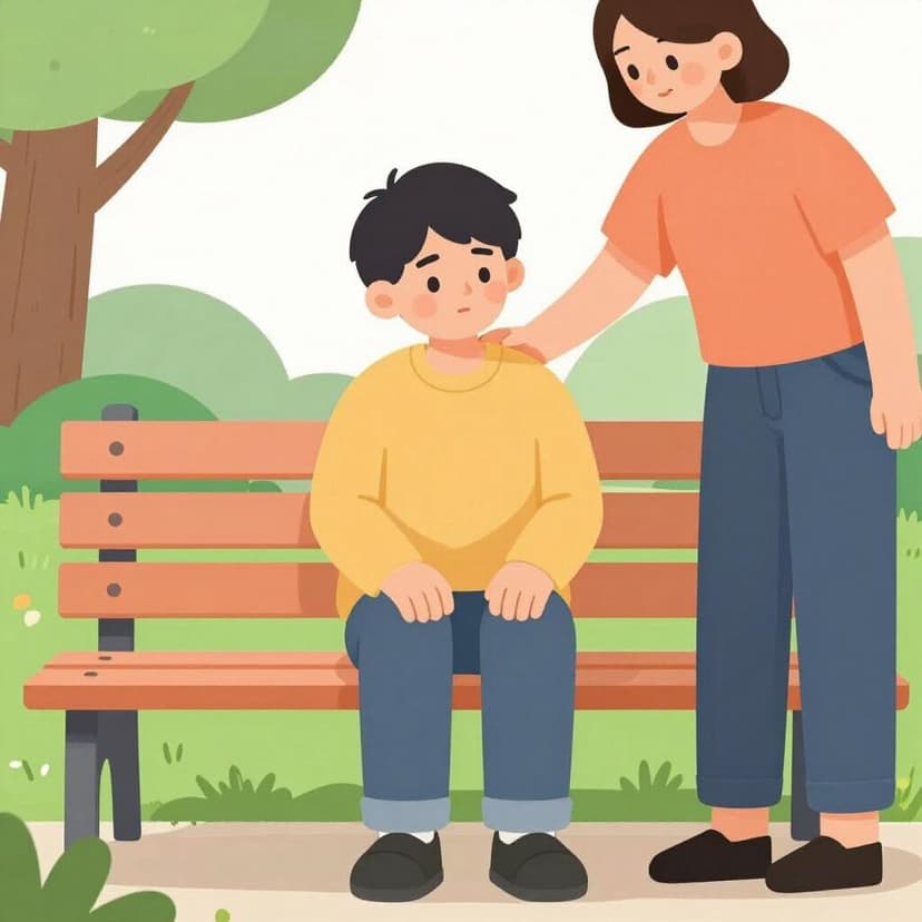 A kind person placing a comforting hand on the shoulder of a sad friend sitting on a bench.