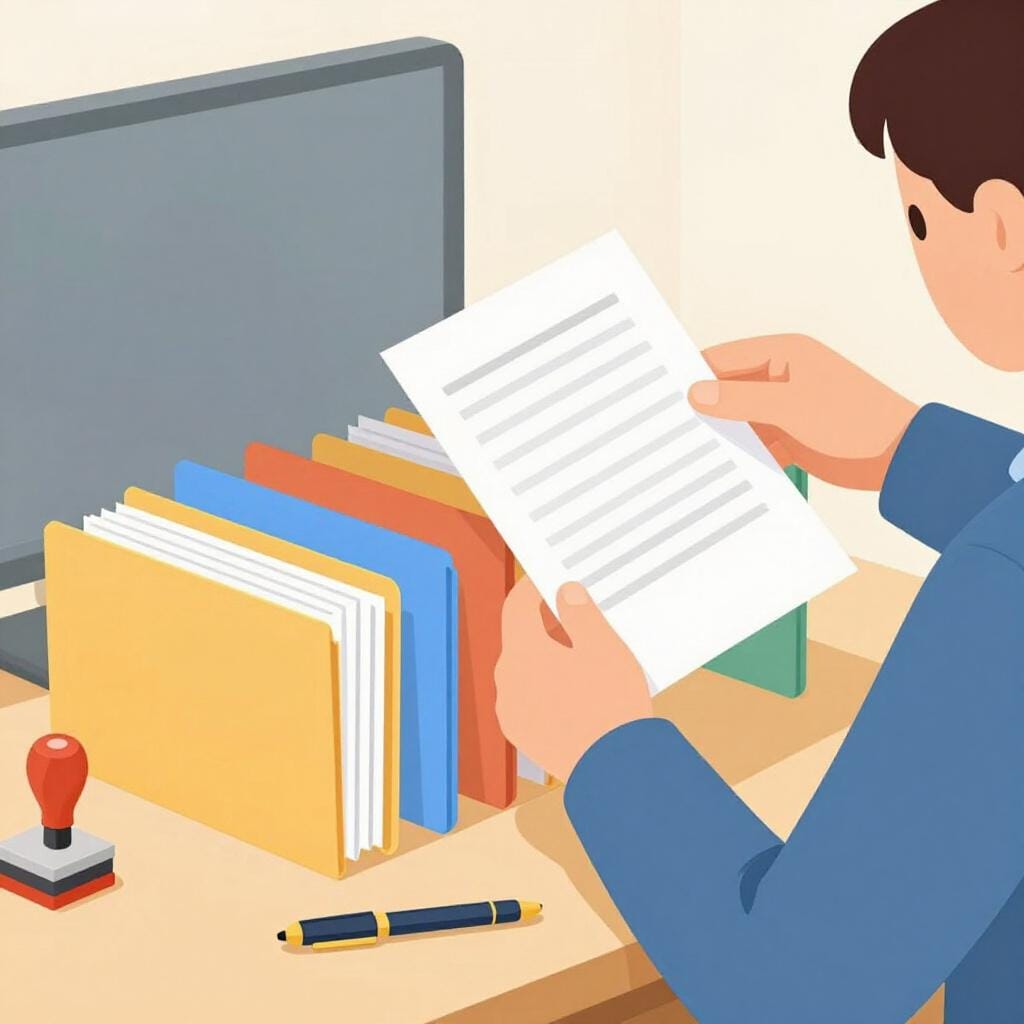 A person sitting at a desk neatly organizing a stack of colorful folders and papers.