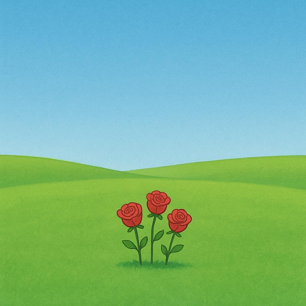 Três pequenas rosas vermelhas são retratadas sentadas isoladas no meio de um vasto campo verde vazio, simbolizando um pequeno número de itens femininos.