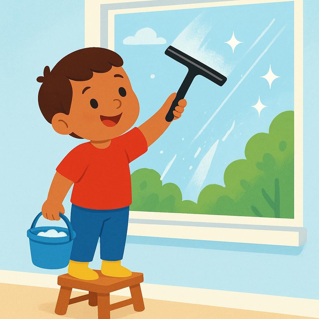 A storybook illustration of a child happily wiping a dirty window until it shines brightly, demonstrating the act of cleaning.