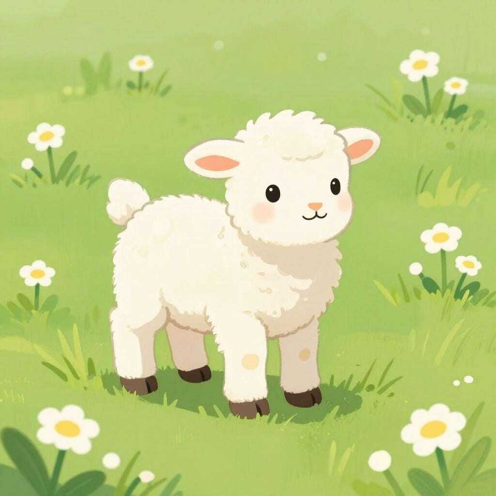 A small, fluffy white lamb standing in a lush green meadow under a bright sun.