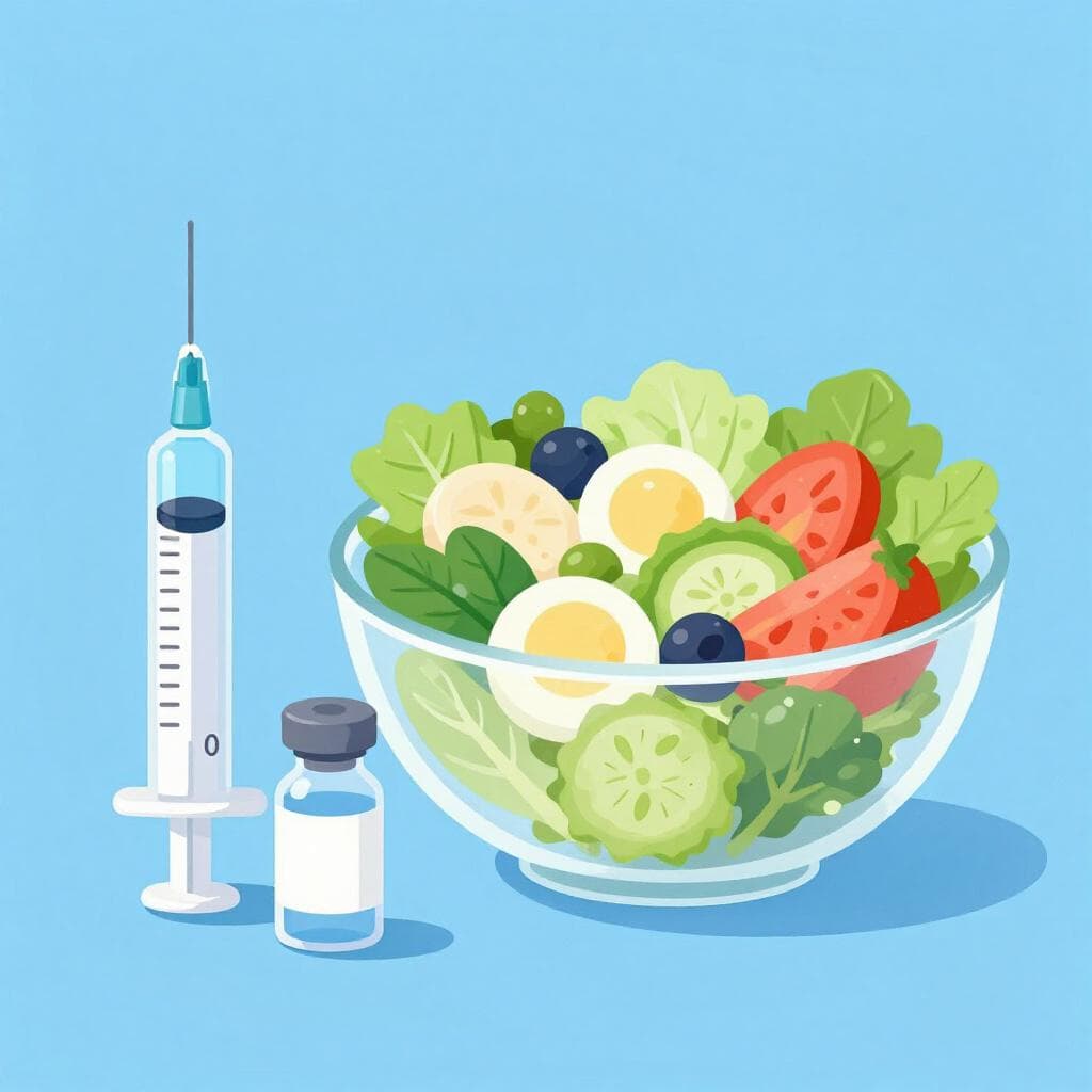 Un bol sain de légumes colorés et une seringue avec un liquide clair représentant les soins médicaux.