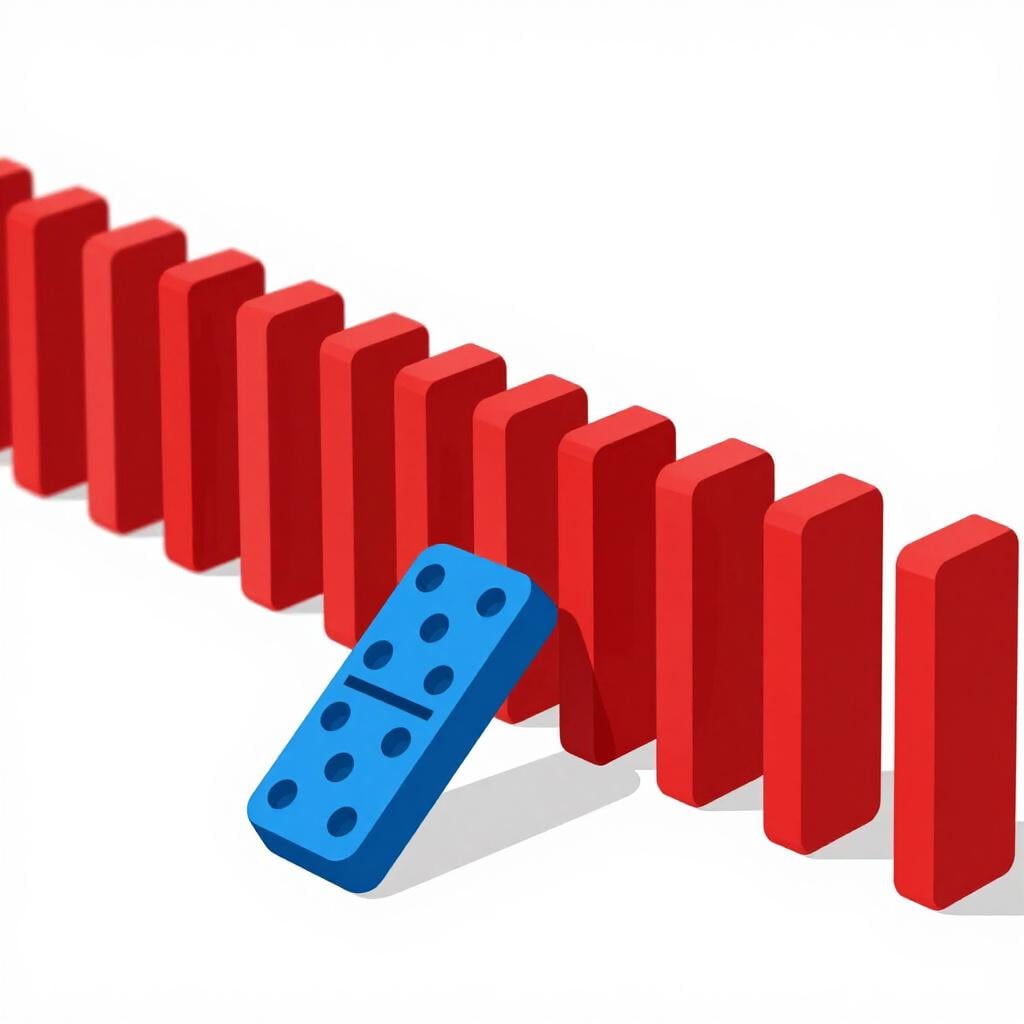 A single blue domino falling and causing a long row of red dominoes to fall.