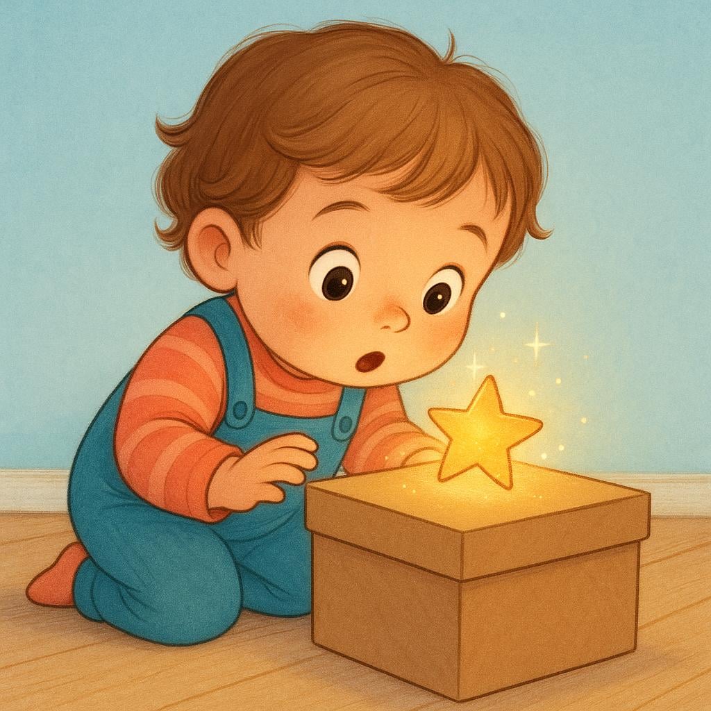 A small child pointing excitedly at a plain cardboard box. The box is shining brightly and has a glowing gold star on top, illustrating that the child views the box as a treasure.