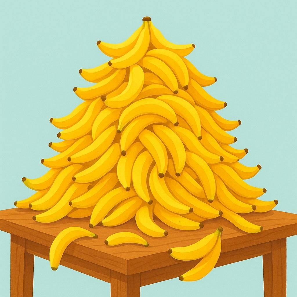 A massive, overflowing pile of bright yellow bananas stacked high on a simple wooden surface, symbolizing abundance.