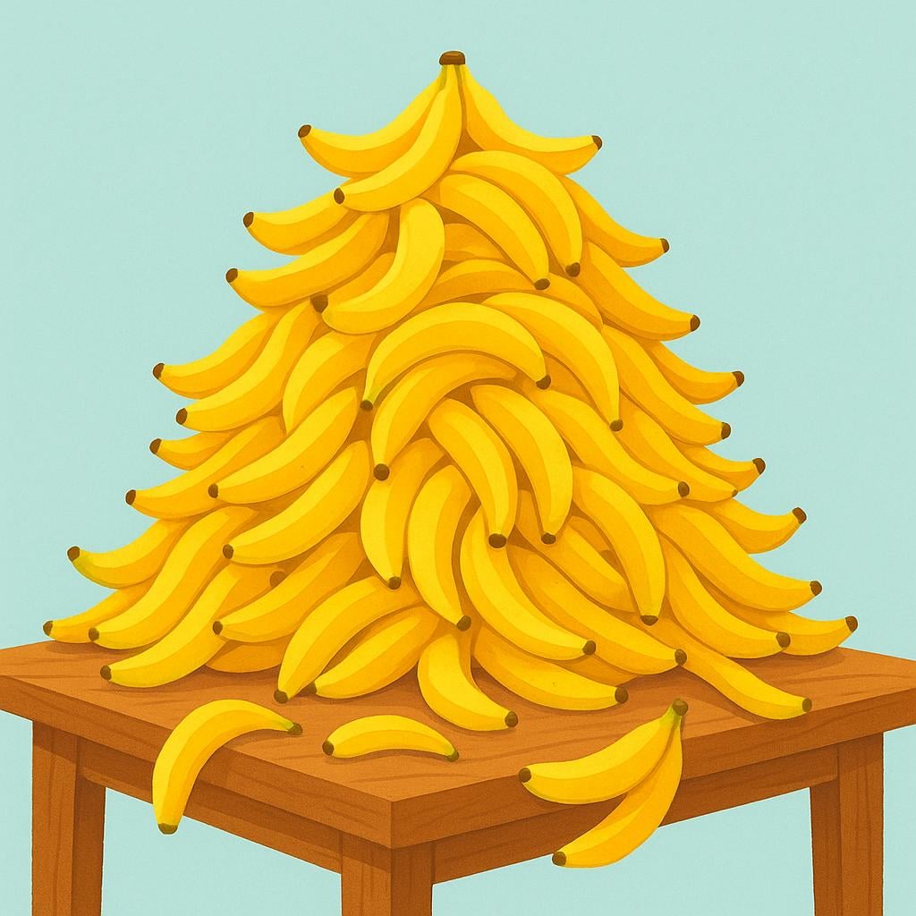 A massive, overflowing pile of bright yellow bananas stacked high on a simple wooden surface, symbolizing abundance.