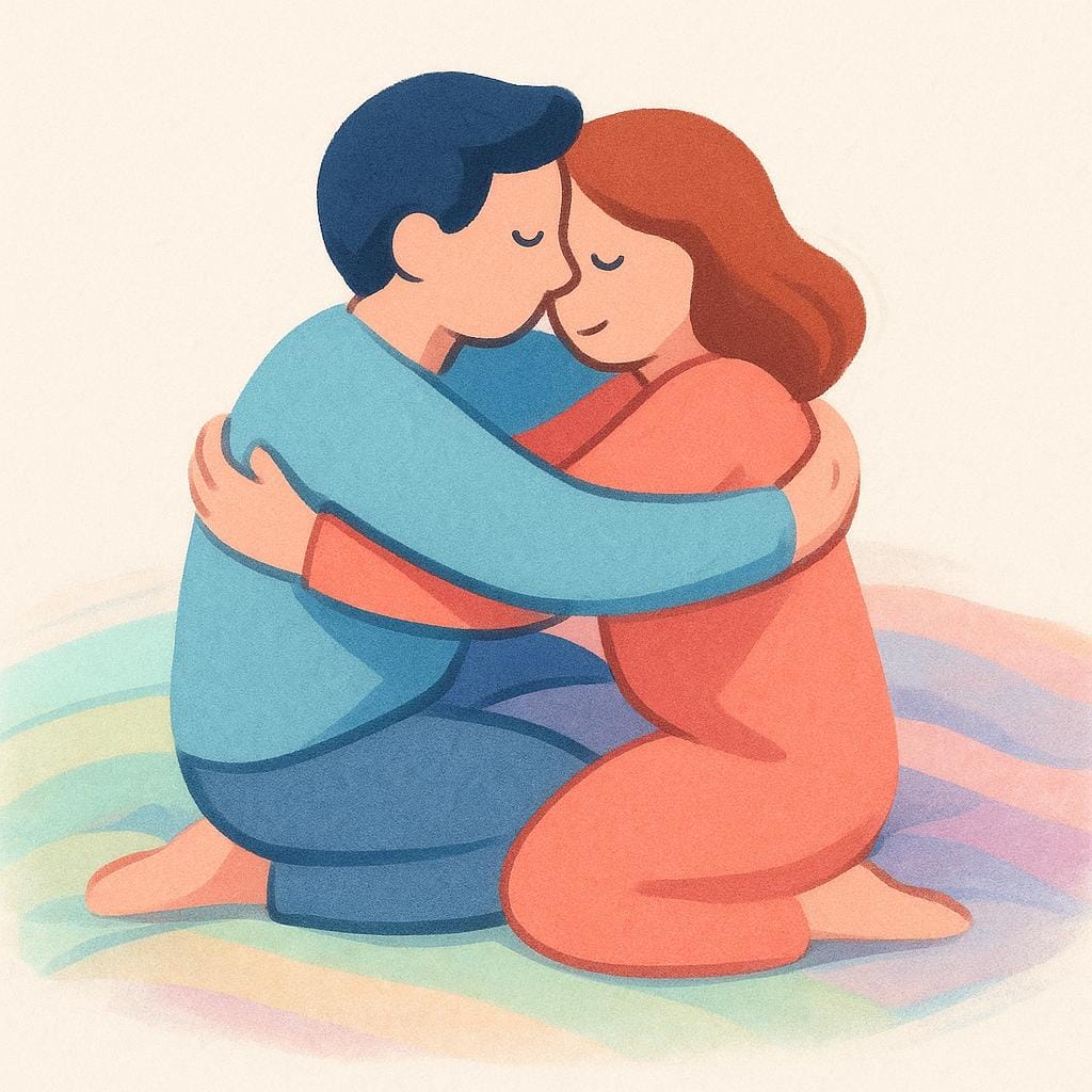 Two highly stylized, simplified figures embracing quickly and closely on a soft, colorful blanket, suggesting a brief, intimate moment.