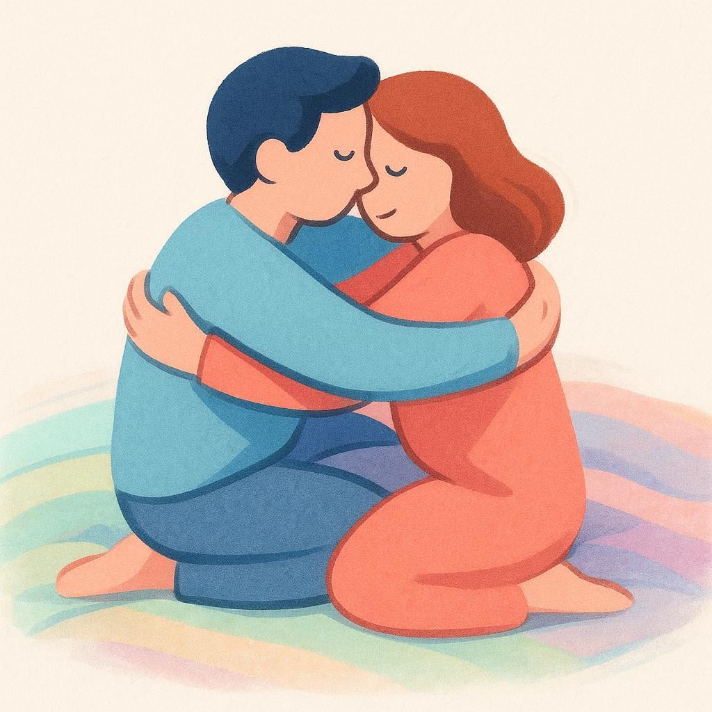 Two highly stylized, simplified figures embracing quickly and closely on a soft, colorful blanket, suggesting a brief, intimate moment.