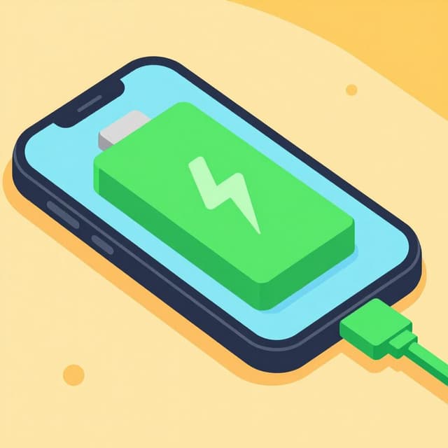 A colorful smartphone on a wooden table connected to a bright green charging cable with a glowing battery icon on the screen.