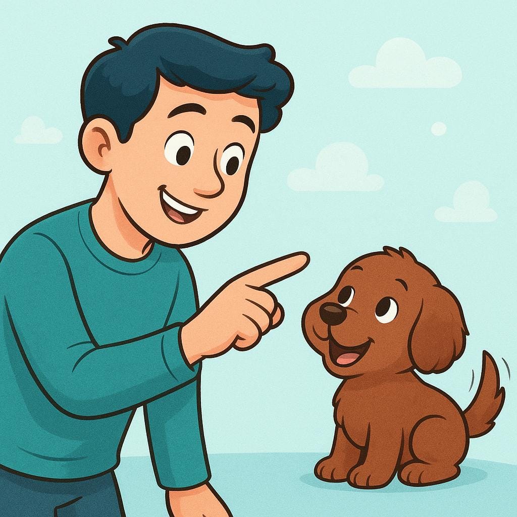 A colorful storybook illustration showing a cheerful person pointing a finger decisively at a small, happy brown puppy, symbolizing the action of assigning it a name.