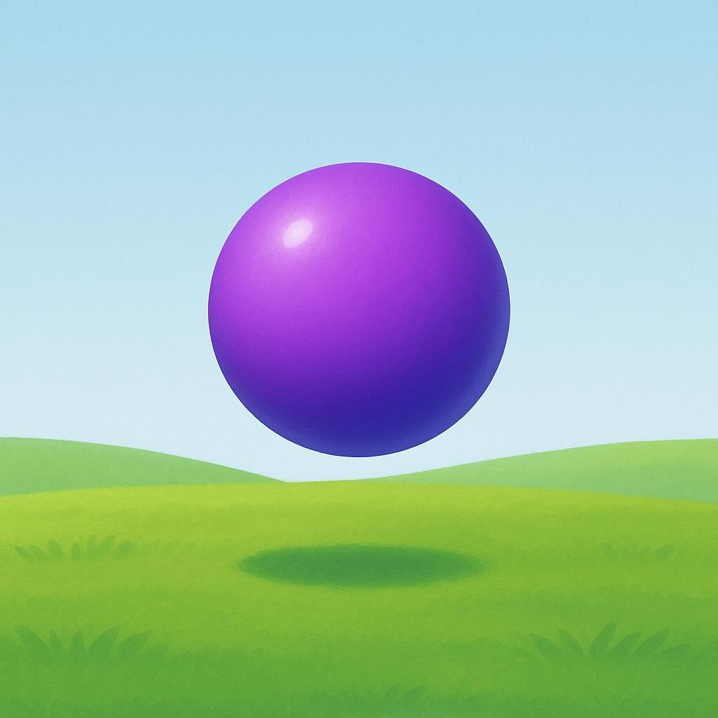 A high quality simple colorful storybook illustration depicting a single, smooth, bright purple sphere hovering mysteriously over a lush green meadow, symbolizing something unidentified or unknown.