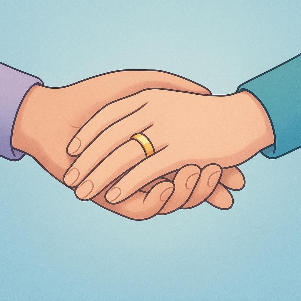 Two hands, one male and one female, gently holding each other, with a wedding ring visible, symbolizing a solemn promise or marriage vows.