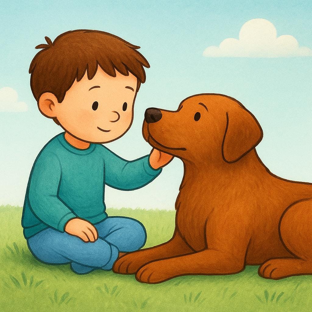 A high quality storybook illustration showing a small child sitting on the ground gently petting a large, calm brown dog. The dog is looking up at the child with devotion, symbolizing loyalty.