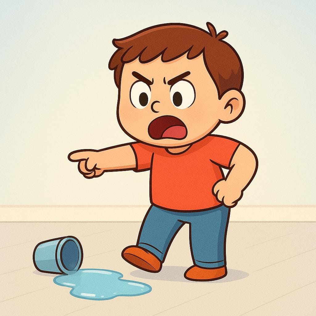 A simple cartoon character with wide eyes and an open mouth, throwing their hands up in an exaggerated gesture of frustration next to a small, spilled object on the ground.