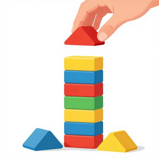 A hand adds a bright red wooden block to the top of a colorful stack of blocks, making the tower taller.