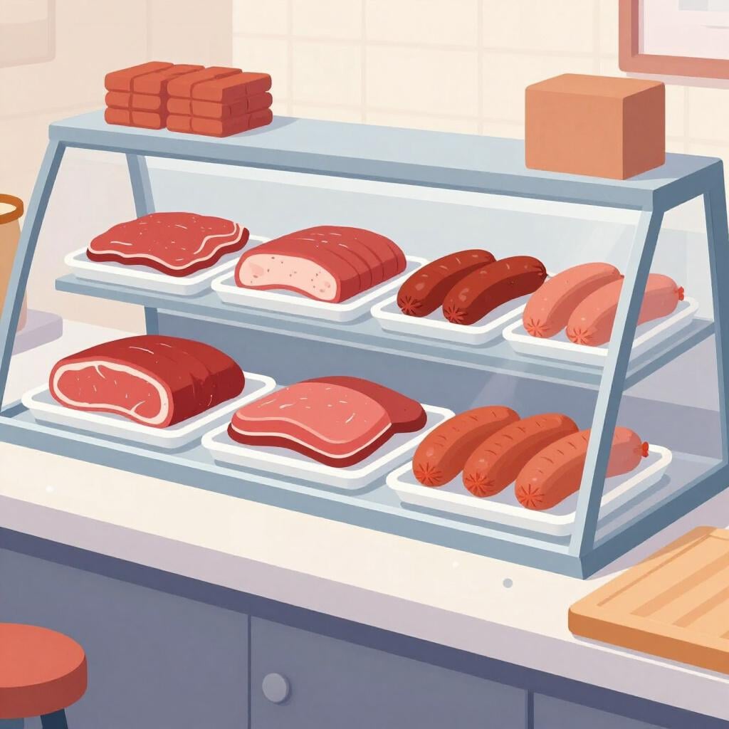 Een vriendelijke etalage van een slagerij met diverse soorten vers vlees op schone bakken.