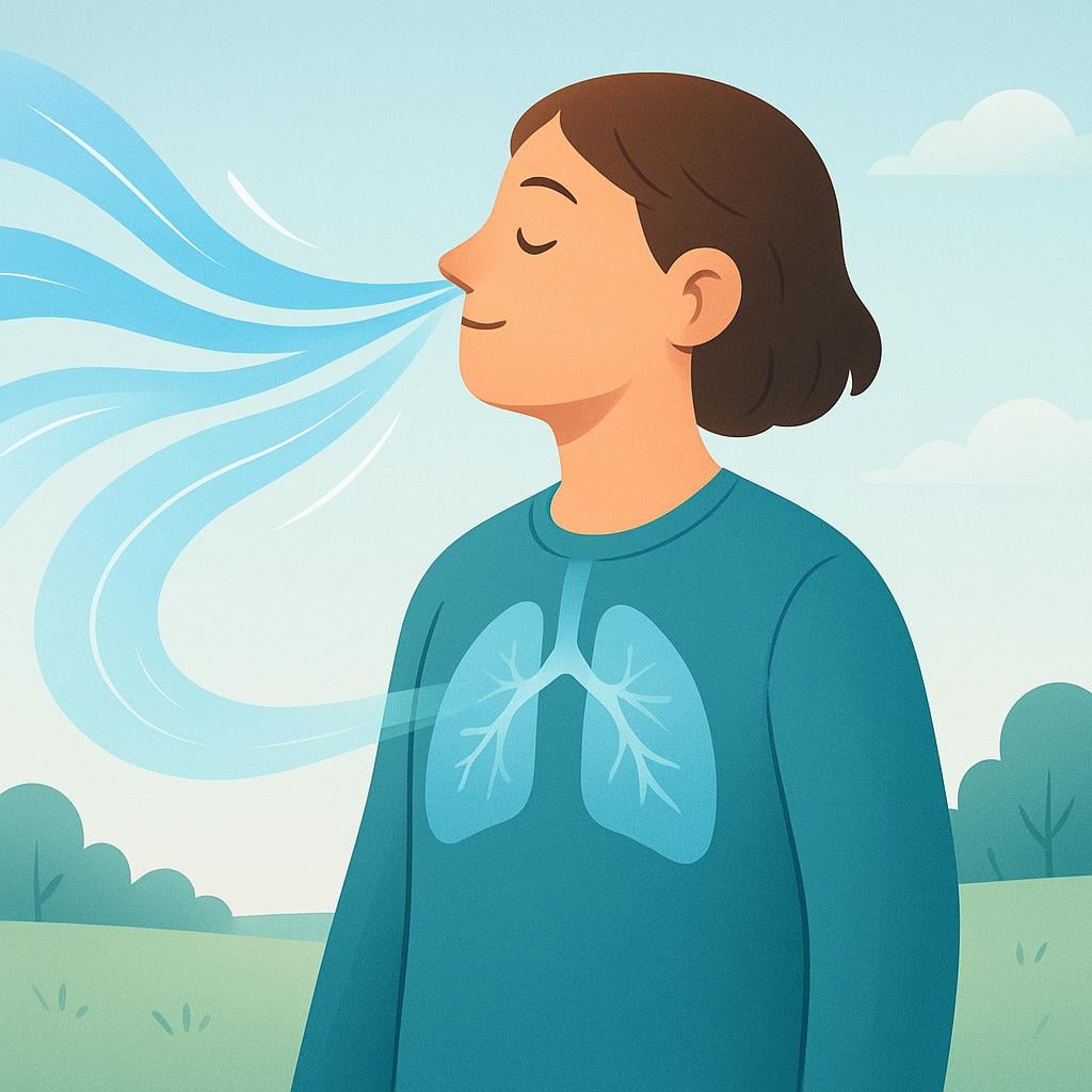A minimalist illustration of a person standing outdoors, inhaling deeply. Visible, flowing blue and white lines represent fresh air moving into the person's lungs through their nose.