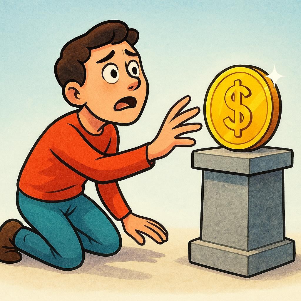 A person intensely reaching out for a single, shiny gold coin on a pedestal, representing a strong craving or desire.