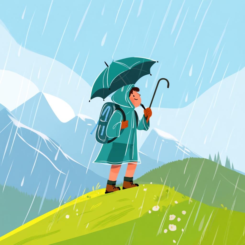 A determined hiker standing on a sunny path, fully equipped with a large, closed umbrella and rain gear, showing readiness for weather that has not yet started.