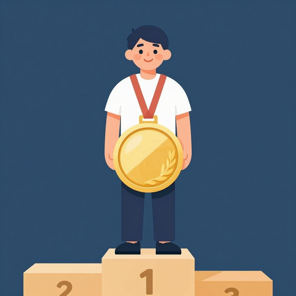 Eine glückliche Person steht auf einem Podium und hält eine große Goldmedaille, während sie lächelt.