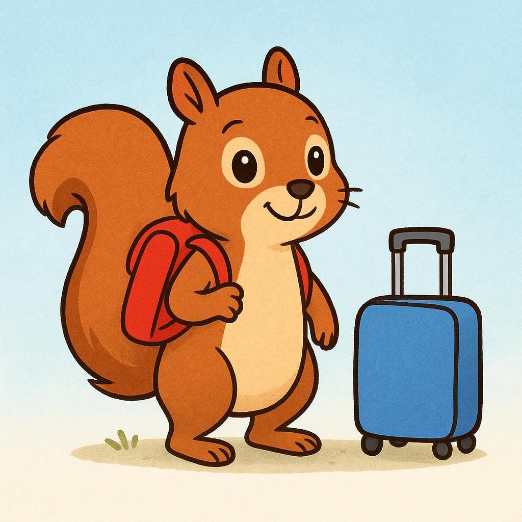 A cheerful squirrel wearing a small red backpack and standing next to a tiny blue suitcase, looking eager and prepared for an adventure.