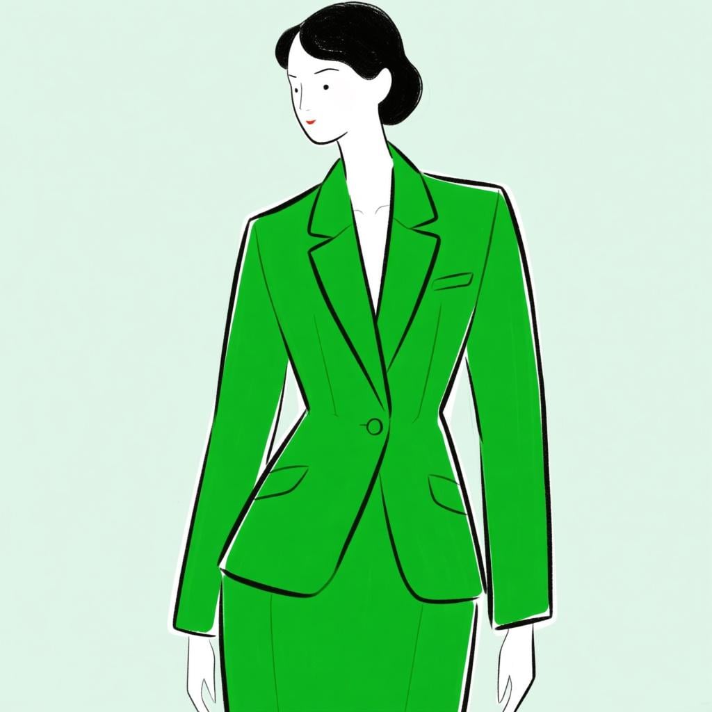 A person wearing a vibrant, perfectly tailored emerald green jacket, standing against a neutral background to emphasize how flattering the garment is.