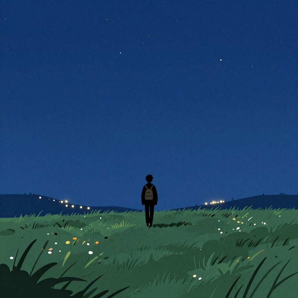 Die Silhouette einer Person mit Rucksack, die unter einem Sternenhimmel durch ein grasbewachsenes Feld in Richtung ferner Stadtlichter geht.