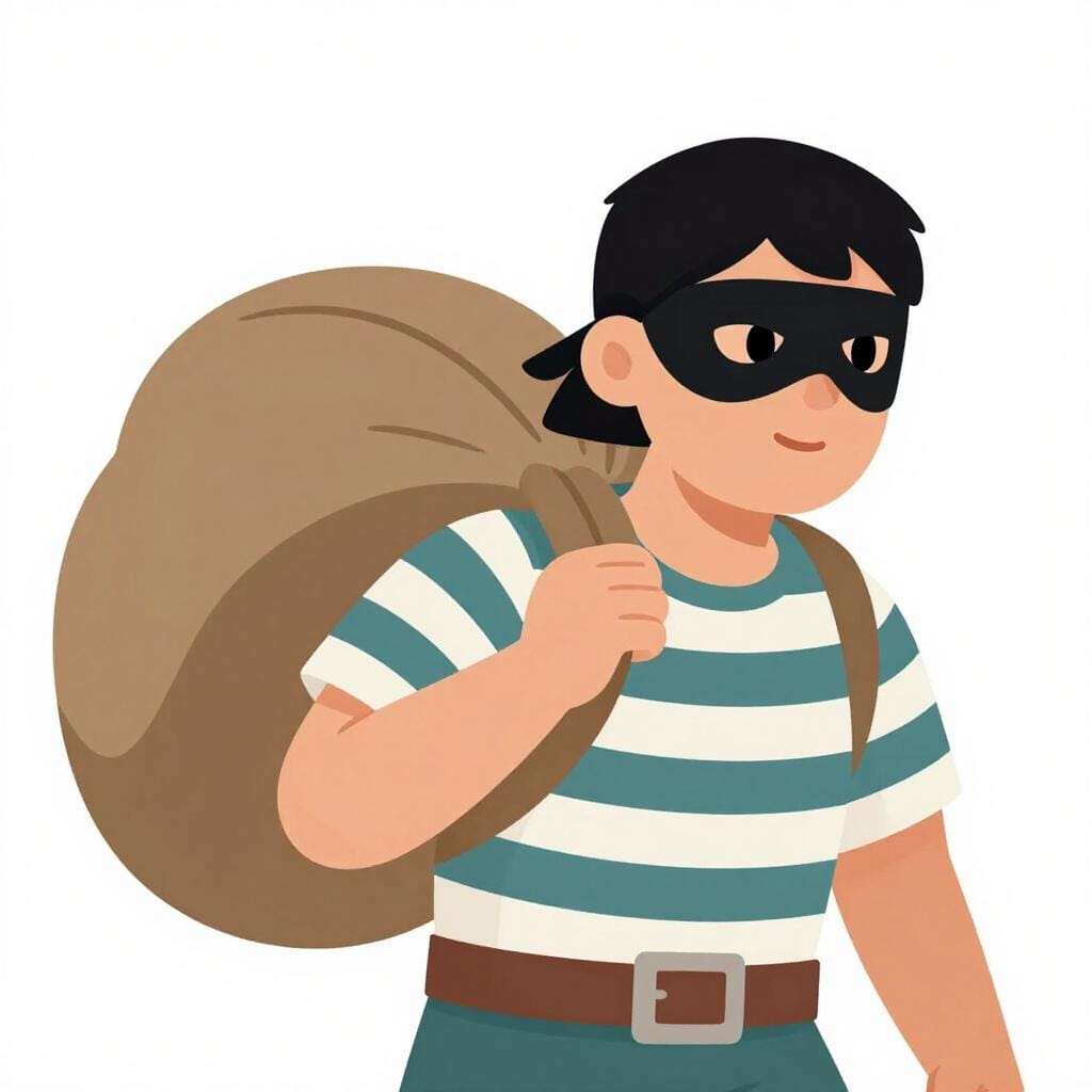 A person wearing a dark mask and a striped shirt, holding a large sack with a dollar sign on it.