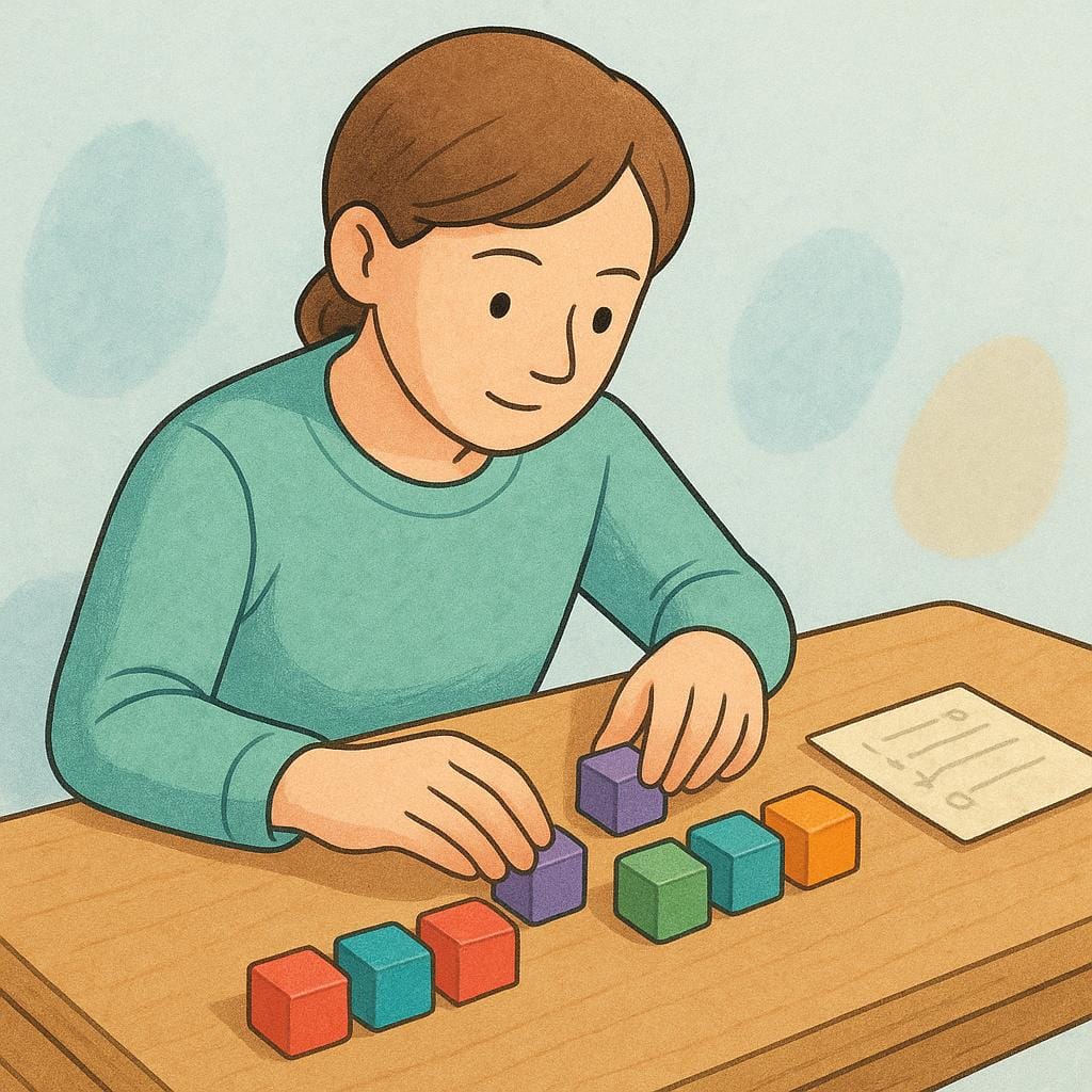 A person is sitting at a desk, carefully moving and arranging three distinct, brightly colored geometric blocks on the surface, depicting the action of planning or organizing a sequence.
