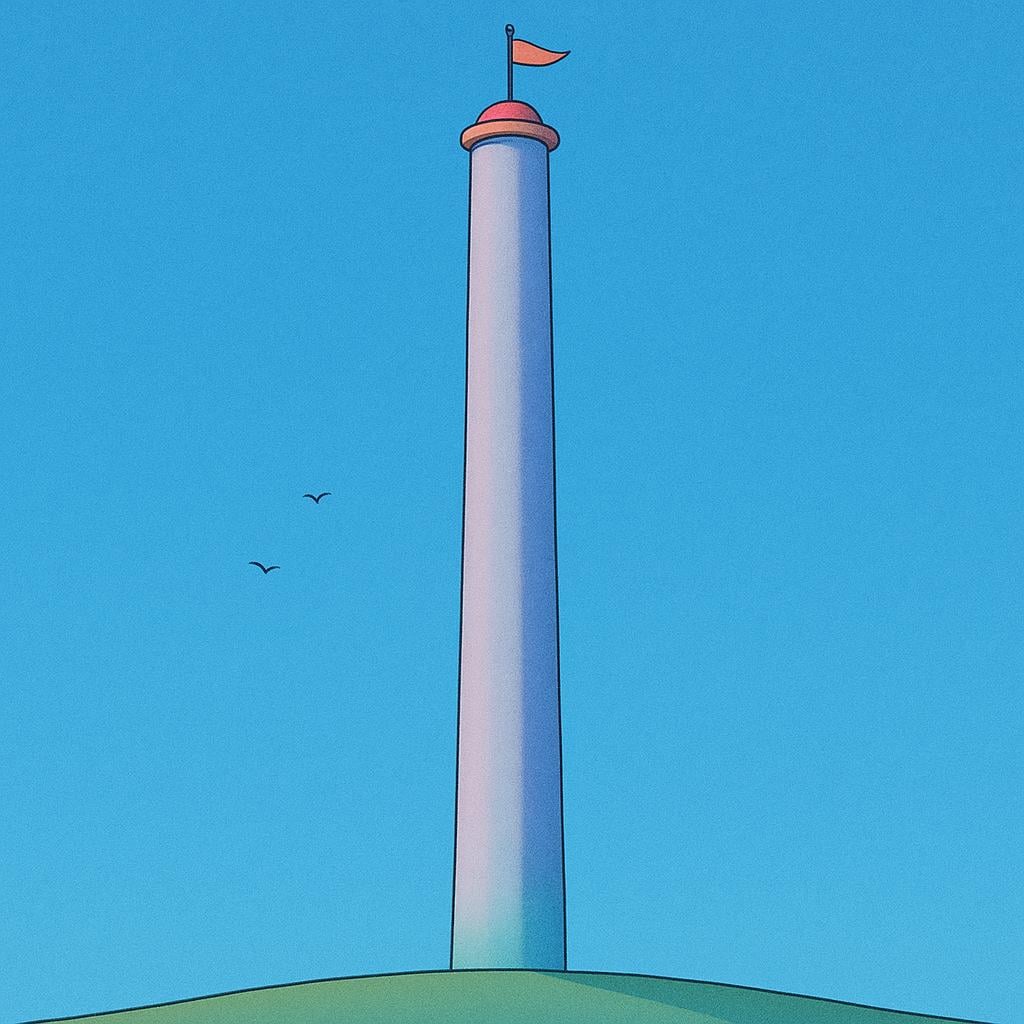 A very tall, slender, colorful tower reaching high into the sky, illustrating great vertical distance.