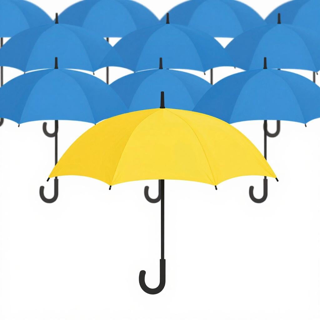 Une rangée de parapluies colorés où un parapluie jaune vif est positionné clairement devant les autres dans une ligne.