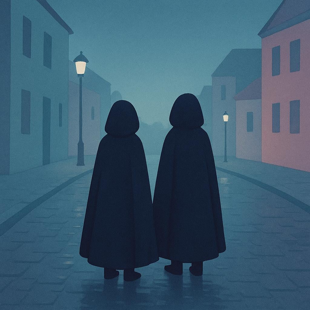 Two anonymous figures wearing simple dark cloaks stand in a dimly lit, empty alleyway, symbolizing murderers.
