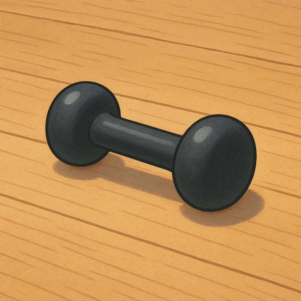 A single, simple black weightlifting dumbbell resting horizontally on a polished wooden floor.