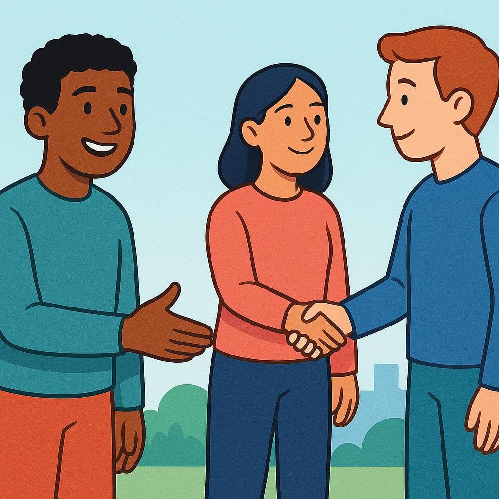 Three people meeting. A central figure is introducing two other people who are shaking hands, symbolizing the act of introduction.