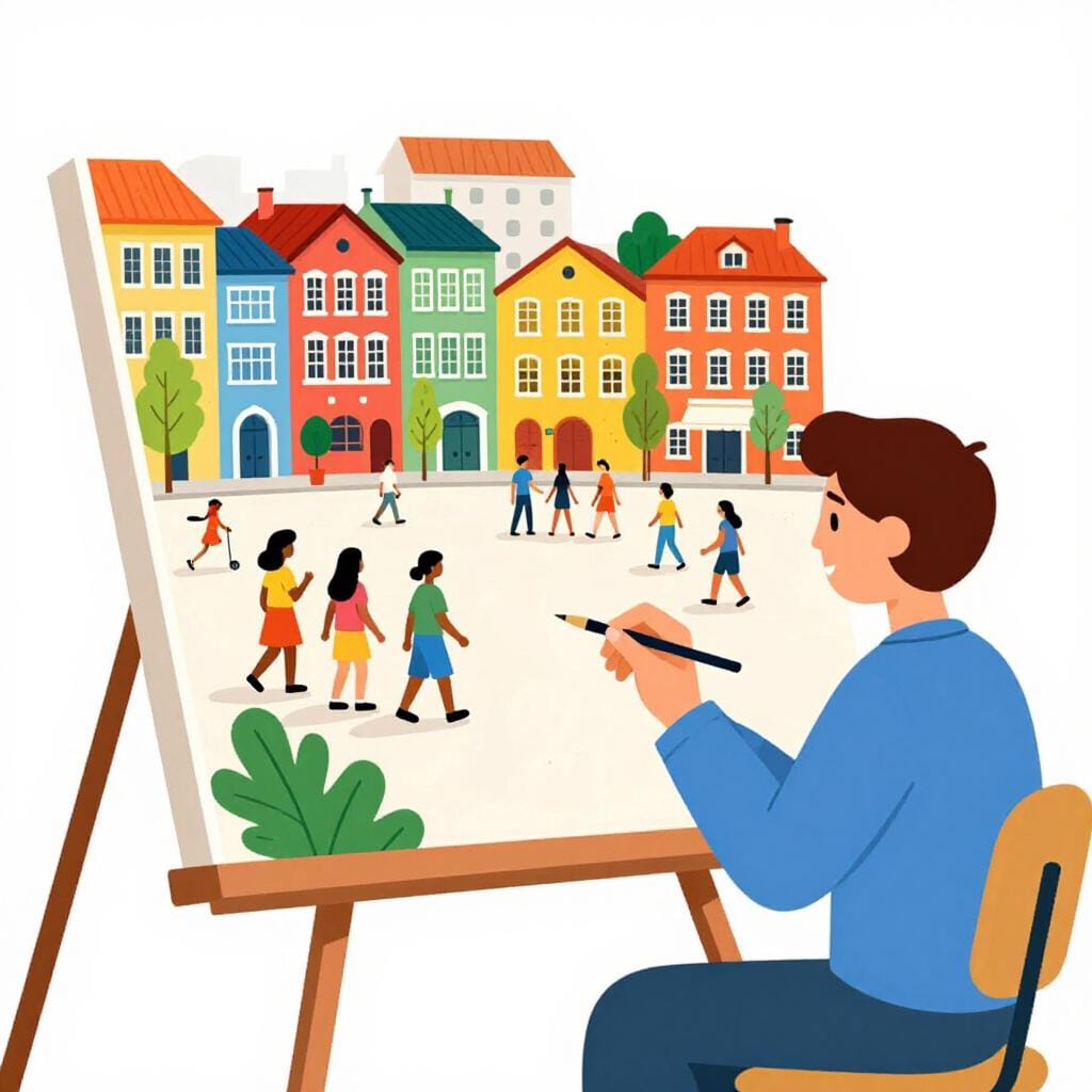 賑やかな町の広場を歩く人々を描いた詳細な絵を描く芸術家。