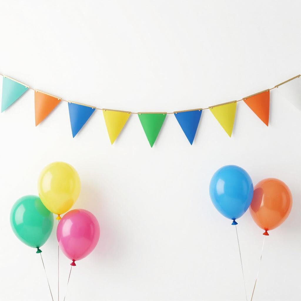 Een kleurrijke banner en felle ballonnen hangen aan een effen muur.