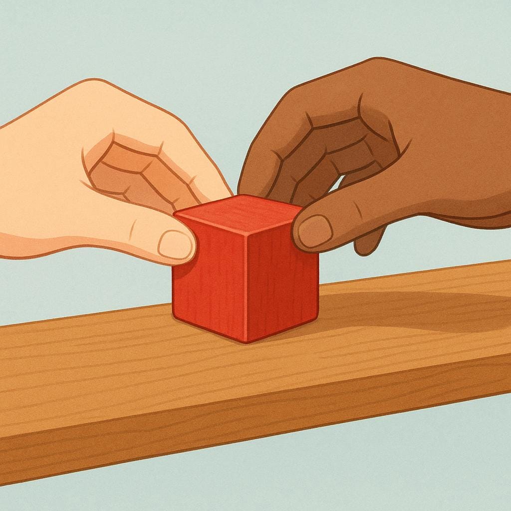Two hands gently placing a small, red wooden block onto a high shelf, illustrating the action of physical placement.