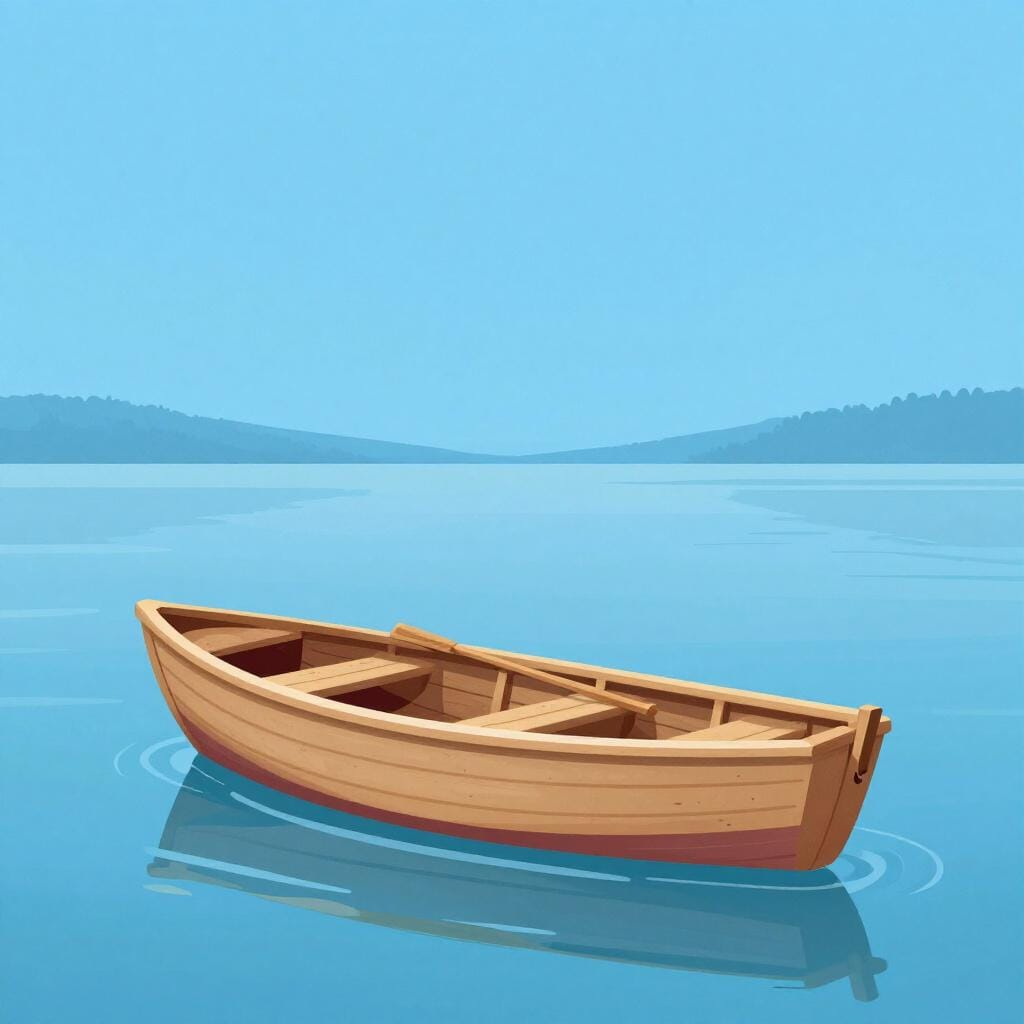A small, colorful wooden rowboat floating on calm blue water.