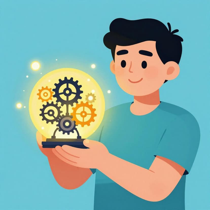 Uma pessoa segurando com orgulho um gadget mecânico único e brilhante que acabou de montar.