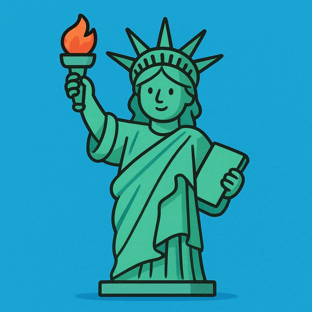 A high quality simple colorful storybook illustration of the Statue of Liberty standing tall, representing the USA.