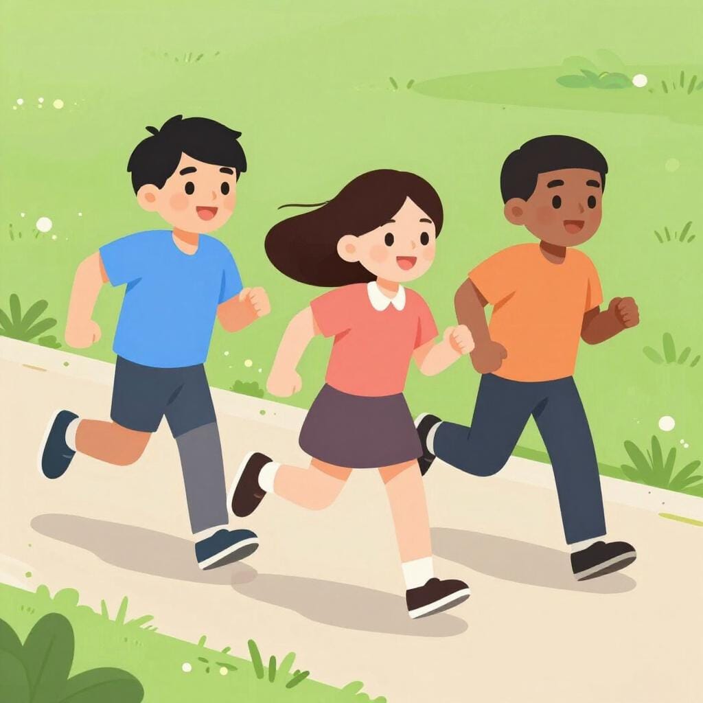 A group of cheerful people in athletic gear running quickly together toward a finish line.