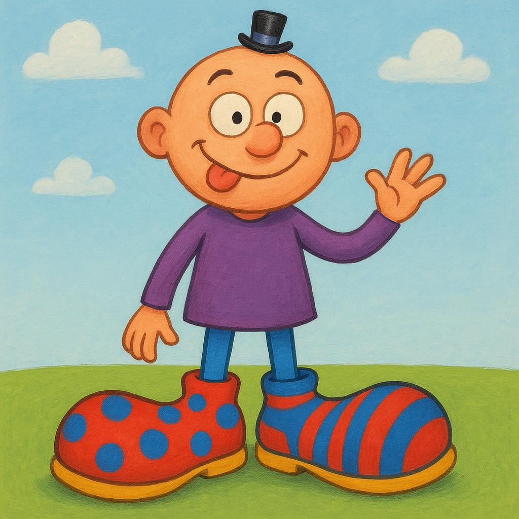 A cartoonish person wearing a tiny, brightly colored top hat and enormous, mismatched shoes, standing in a silly pose on a plain background.