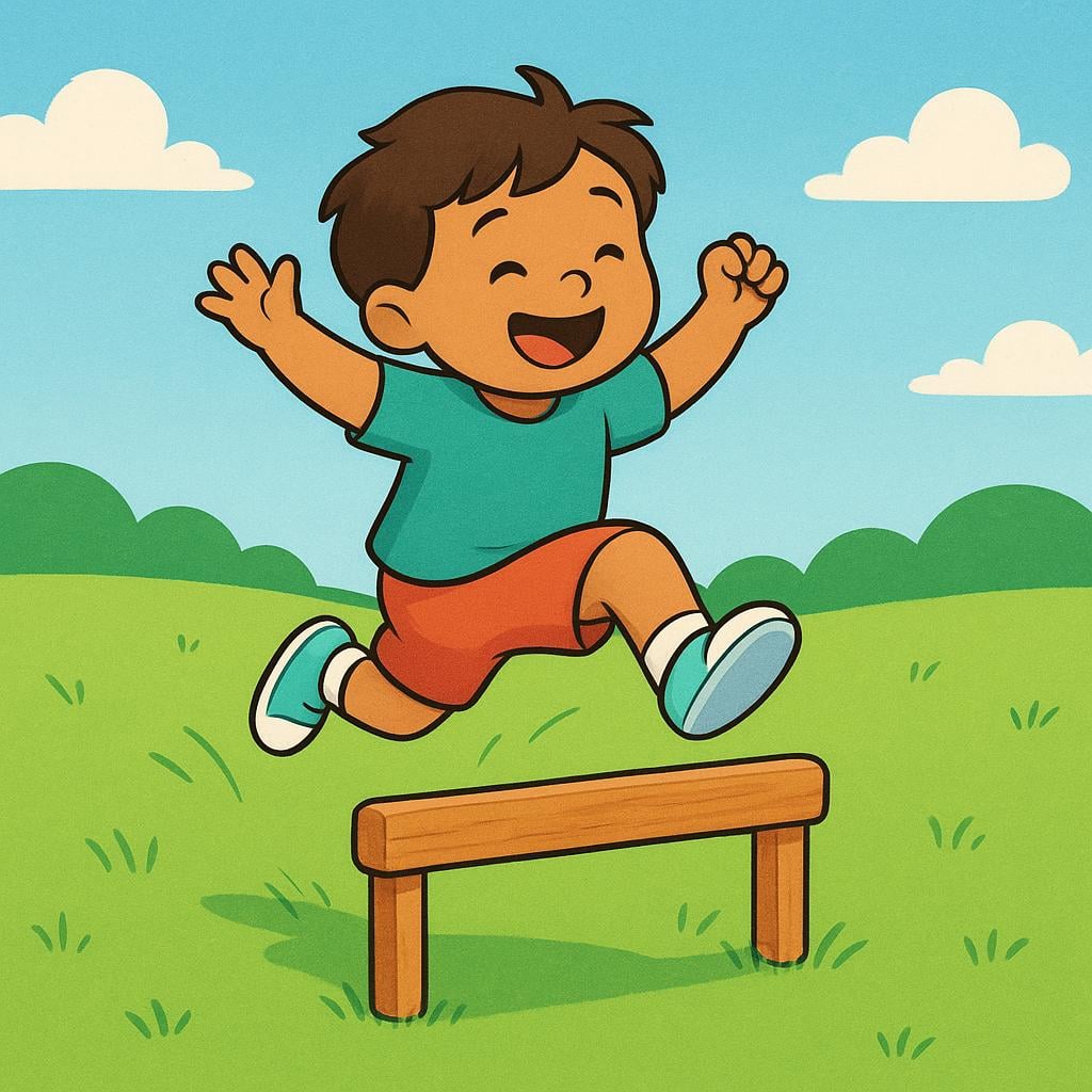 A small child in athletic gear jumping over a low hurdle on a grass field.