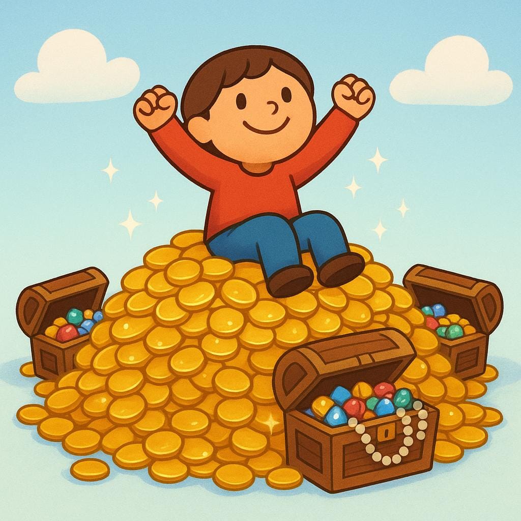 Une illustration de livre d'histoires d'une personne joyeuse assise au sommet d'un énorme tas de pièces d'or brillantes et de coffres au trésor.