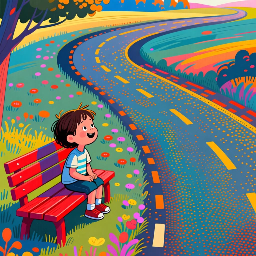 A child patiently waiting on a colorful bench for a bus that has not yet arrived.