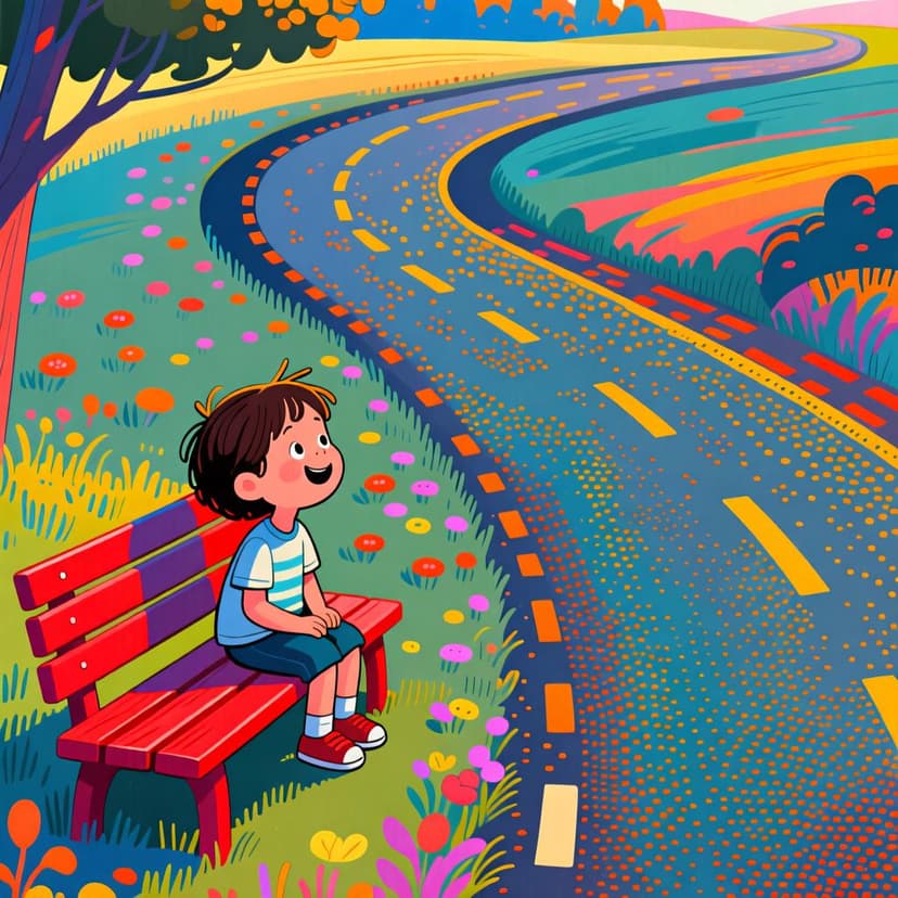 A child patiently waiting on a colorful bench for a bus that has not yet arrived.