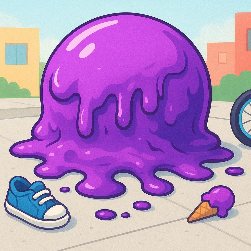 太陽の光が当たる歩道に落ちて、巨大で驚くべき混乱を引き起こした、巨大な紫色のジェラートのスクープ。